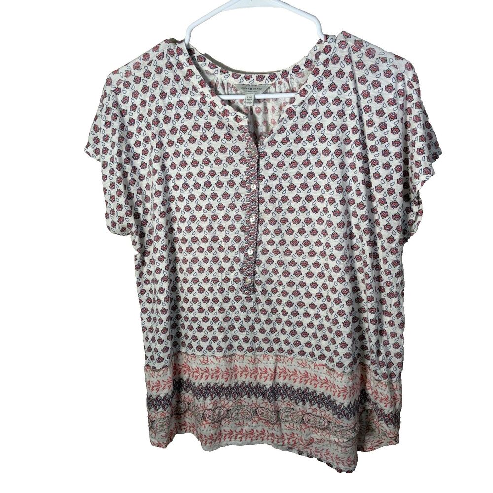 Lucky Brand Blouse Women's Large V-Neck Popover Short Sleeve Printed Top